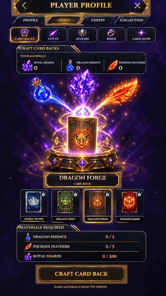 Crafting screen: forge the Dragon Forge card back from royal shards, dragon essence and phoenix feathers