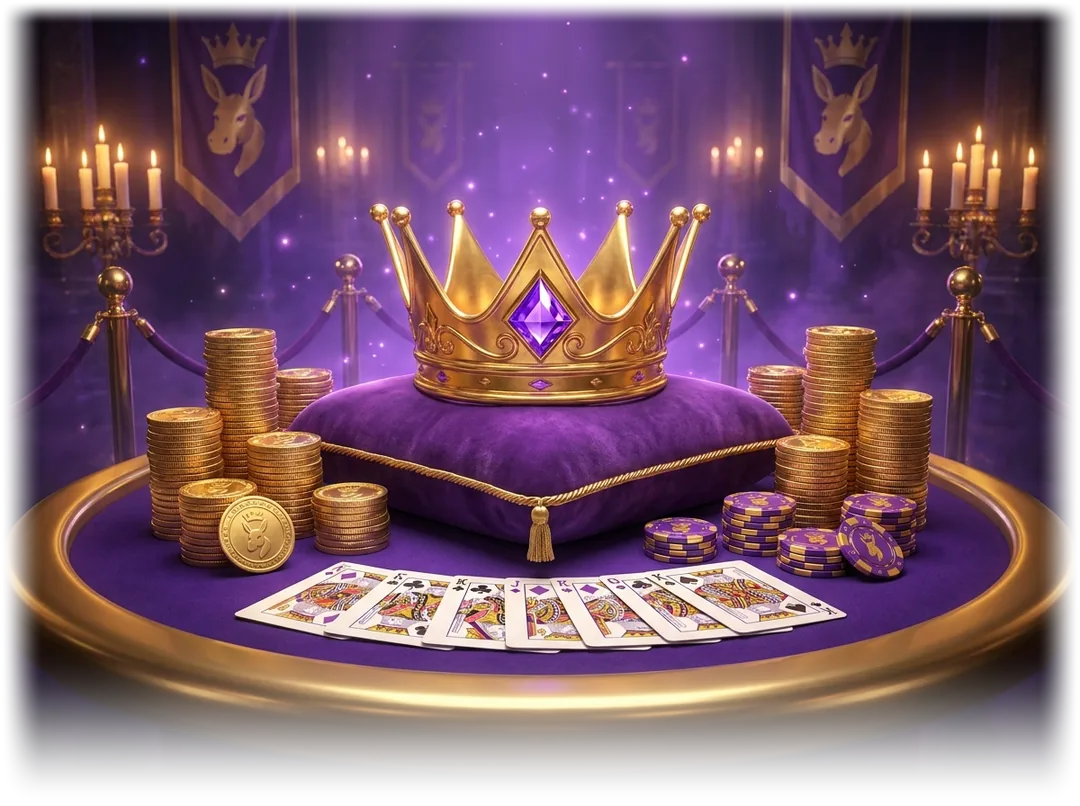 Royal crown on a velvet cushion surrounded by gold coins